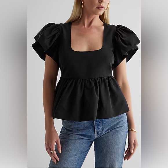 Express Tops - Express Black Puff Sleeve Blouse